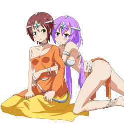 Rule 34 | 2girls, :d, alternate costume, alternate skin color, anklet, armlet, arms around waist, bare shoulders, barefoot, behind another, bell, blush, breasts, brown hair, cato (monocatienus), choker, cleavage, collarbone, cosplay, dancer, dragon quest, dragon quest iv, groin, hair bell, hair ornament, headgear, heart, indian clothes, jewelry, kneeling, locked arms, long skirt, looking at another, low twintails, manya (cosplay), manya (dq4), medium breasts, minea (cosplay), minea (dq4), miniskirt, multiple girls, open mouth, orange shirt, orange skirt, parted lips, pelvic curtain, purple eyes, purple hair, revealing clothes, shirt, short hair, siblings, simple background, sisters, skinny, skirt, small breasts, smile, split ponytail, thighs, touhou, tsukumo benben, tsukumo yatsuhashi, twintails, white background, yellow eyes, yellow skirt