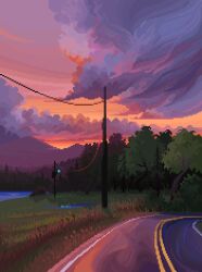 Rule 34 | cloud, commentary, english commentary, gradient sky, grass, jubilee (8pxl), mountainous horizon, multicolored sky, no humans, original, pink sky, pixel art, power lines, road, scenery, sky, sunset, tree, utility pole
