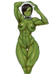 Rule 34 | 1girl, abs, armpit hair, armpits, arms up, black hair, breasts, choker, cleft of venus, colored skin, completely nude, cowboy shot, female orc, female pubic hair, green skin, large areolae, large breasts, looking at viewer, maid headdress, muscular, muscular female, navel, nipples, nisetanaka, nude, orc, original, pointy ears, pubic hair, pussy, scar, scar across eye, short hair, solo, standing, white background, wide hips, yellow eyes