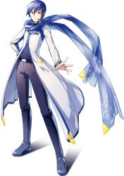 Rule 34 | 1boy, belt, blue eyes, blue hair, blue scarf, boots, coat, full body, headset, ixima, kaito (vocaloid), kaito (vocaloid3), male focus, matching hair/eyes, microphone, official art, pants, scarf, see-through, solo, transparent background, vocaloid, zipper