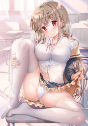 Rule 34 | 1girl, ass, black skirt, blouse, braid, breasts, classroom, full body, highres, indoors, large breasts, long hair, looking at viewer, miniskirt, on chair, original, panties, red eyes, see-through, see-through shirt, shirt, skin tight, skirt, solo, sousouman, thighhighs, underwear, very long hair, wet, wet clothes, white panties, white shirt, white thighhighs