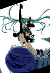 Rule 34 | 1boy, 1girl, aqua hair, blue hair, boots, detached sleeves, glowing, glowing eye, hatsune miku, high kick, highres, kaito (vocaloid), kicking, leg up, long hair, rindo, rindo8 (rindo7), skirt, split, standing, standing on one leg, thigh boots, thighhighs, twintails, very long hair, vocaloid