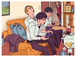 Rule 34 | 1girl, 3boys, backpack, bag, belt, black hair, black pants, bottle, brown hair, coca-cola, collared shirt, controller, couch, cup, doorway, game controller, glasses, kk724, multiple boys, open mouth, original, pants, playing games, shirt, short sleeves, signature, table, tissue box, white shirt
