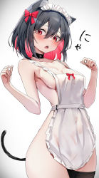 Rule 34 | 1girl, :o, absurdres, animal ears, apron, bare arms, bare shoulders, black choker, black hair, black thighhighs, breasts, cat ears, cat girl, cat tail, choker, cleavage, collarbone, colored inner hair, covered navel, cowboy shot, hair between eyes, hair ribbon, hands up, highres, looking at viewer, maid headdress, medium breasts, multicolored hair, naked apron, nanashinayuzu mochi, open mouth, original, photoshop (medium), red eyes, red hair, red ribbon, ribbon, short hair, simple background, single thighhigh, solo, tail, thighhighs, two-tone hair, white apron, white background