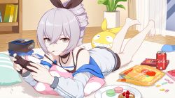 Rule 34 | 1girl, bare shoulders, barefoot, book, bookshelf, bronya zaychik, can, chips (food), closed mouth, cola, controller, curtains, drill hair, drink can, food, fruit, full body, grey eyes, grey hair, hair between eyes, hair ribbon, highres, holding, holding controller, homu (honkai impact), honkai (series), honkai impact 3rd, in mouth, indoors, jacket, long sleeves, looking at viewer, lying, macaron, on stomach, pillow, plant, plate, playing games, pocky, ribbon, slippers, smile, soda can, solo, strawberry, sweets, third-party source, vase, white jacket, window