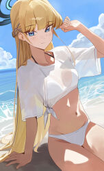 Rule 34 | 1girl, absurdres, arm support, beach, bikini, blonde hair, blue archive, blue eyes, blue halo, blush, braid, breasts, closed mouth, cowboy shot, day, groin, halo, highres, long hair, looking at viewer, multicolored hair, navel, ocean, outdoors, riel (ataraxia2334), shirt, short sleeves, small breasts, solo, streaked hair, swimsuit, toki (blue archive), white bikini, white shirt