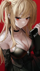 Rule 34 | 1girl, :3, absurdres, amane misa, bare shoulders, black choker, black dress, blonde hair, book, breasts, choker, cleavage, closed mouth, collarbone, dalla (888 dalae), death note, death note (object), detached sleeves, dress, earrings, halterneck, hand up, highres, holding, holding book, jewelry, large breasts, long hair, long sleeves, looking at viewer, necklace, red eyes, sidelocks, sleeveless, sleeveless dress, smile, solo, spaghetti strap, two side up, underbust