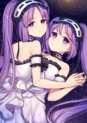 Rule 34 | 2girls, bad id, bad pixiv id, bare shoulders, breasts, choker, closed mouth, collarbone, dress, euryale (fate), fate/hollow ataraxia, fate (series), fingernails, frilled choker, frilled hairband, frills, girl on top, hairband, holding hands, karokuchitose, looking at viewer, looking back, lying, multiple girls, on back, purple eyes, purple hair, ribbon-trimmed choker, ribbon-trimmed hairband, ribbon trim, siblings, sisters, small breasts, smile, star (symbol), stheno (fate), strapless, strapless dress, twins, white choker, white dress, white hairband