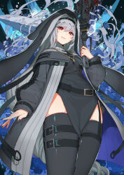 Rule 34 | 1girl, arknights, bag, belt, black capelet, black dress, black headwear, black nails, black sleeves, black thighhighs, black veil, blood, breasts, capelet, circular saw, dress, grey capelet, grey hair, habit, highres, holding, holding weapon, jewelry, long hair, long sleeves, looking at viewer, medium breasts, necklace, nun, open mouth, pelvic curtain, pointy hat, red eyes, saw, shark, shoulder strap, simple background, skindentation, smile, solo, specter (arknights), thigh belt, thigh strap, thighhighs, thighs, veil, very long hair, wakashiyo, weapon