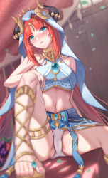 Rule 34 | 1girl, absurdres, aqua eyes, bare arms, bare shoulders, blue gemstone, blue skirt, blurry, blurry foreground, blush, breasts, brooch, cameltoe, circlet, closed mouth, congyu, crop top, feet, foot out of frame, gem, genshin impact, gladiator sandals, gold trim, harem outfit, highres, indoors, jewelry, knee up, large breasts, long hair, low twintails, navel, neck ring, nilou (genshin impact), no detached sleeves, panties, parted bangs, red hair, sandals, sitting, skirt, solo, stomach, thighlet, thighs, toes, twintails, underwear, white panties
