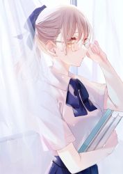 Rule 34 | 1girl, adjusting eyewear, blue bow, blue bowtie, blue ribbon, blue skirt, book, bow, bowtie, collared shirt, curtains, glasses, hair ribbon, hand up, highres, holding, holding book, indoors, long hair, misumi (macaroni), original, parted lips, pleated skirt, ribbon, school uniform, shirt, short sleeves, skirt, solo, standing, white hair, white shirt, yellow eyes