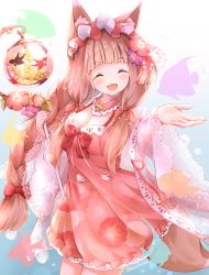 Rule 34 | 1girl, :d, ^ ^, animal ear fluff, animal ears, bare shoulders, blunt bangs, blush, bow, braid, breasts, brown hair, cleavage, closed eyes, commentary request, dress, fang, fish, floral print, flower, frills, hair bow, hair flower, hair ornament, highres, holding, holding staff, long hair, long sleeves, maho (princess connect!), maho (summer) (princess connect!), medium breasts, minazuki mizu, open clothes, open mouth, pink dress, princess connect!, print dress, purple flower, red bow, red flower, see-through, sleeveless, sleeveless dress, smile, solo, staff, tail, twitter username, very long hair, wide sleeves