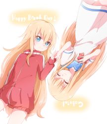 Rule 34 | 10s, 2girls, ^ ^, absurdres, aqua eyes, bafarin, blonde hair, character name, closed eyes, commentary request, dress, dual persona, english text, closed eyes, gabriel dropout, gabriel tenma white, hand in pocket, hand on own chest, hands in pockets, happy birthday, highres, holding hands, jacket, long hair, multiple girls, no pants, rotational symmetry, sailor dress, school uniform, serafuku, smile, track jacket, upside-down, very long hair