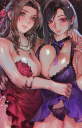 Rule 34 | 2girls, aerith gainsborough, aerith gainsborough (red dress), aoin, armlet, black hair, bow, bowtie, breast press, breasts, brown hair, chromatic aberration, cleavage, clothes lift, crescent, crescent earrings, dress, dress lift, earrings, female focus, female pubic hair, final fantasy, final fantasy vii, final fantasy vii remake, green eyes, highres, jewelry, lace, lace-trimmed panties, lace trim, large breasts, locked arms, long hair, looking at viewer, multiple girls, nail polish, necklace, panties, parted lips, pubic hair, pubic hair peek, purple dress, red dress, red eyes, red nails, smile, star (symbol), star earrings, star necklace, tifa lockhart, tifa lockhart (refined dress), unaligned breasts, underwear, wall market