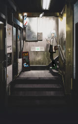 Rule 34 | 1girl, absurdres, arrow (symbol), cellphone, closed mouth, expressionless, green footwear, high heels, highres, holding, holding phone, indoors, kexue, looking at viewer, original, phone, short hair, solo, stairs, white hair