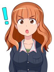 Rule 34 | !, 1girl, blue jacket, blunt bangs, commentary request, frown, girls und panzer, green shirt, jacket, long hair, long sleeves, looking at viewer, military uniform, ooarai military uniform, open mouth, orange eyes, orange hair, shirt, simple background, solo, takebe saori, tanaka rikimaru, uniform, upper body, white background