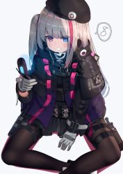 Rule 34 | 1girl, beret, between legs, black capelet, black footwear, black hat, black jacket, black skirt, blue eyes, blush, boots, brown pantyhose, capelet, cellphone, colored shadow, commentary request, eighth note, flip phone, girls&#039; frontline, gloves, grey background, grey gloves, grin, hand between legs, hat, heterochromia, highres, holding, holding phone, jacket, long hair, long sleeves, looking away, mdr (girls&#039; frontline), multicolored hair, musical note, one side up, pantyhose, phone, pleated skirt, rangen, red eyes, red hair, shadow, silver hair, sitting, skirt, sleeves past wrists, smile, solo, spoken musical note, streaked hair, very long hair