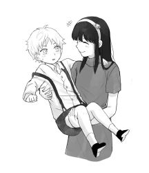 Rule 34 | 1boy, 1girl, aged down, ahoge, arms up, blush, buttons, carrying, closed eyes, closed mouth, collared shirt, dress, fingernails, greyscale, hairband, hands up, hetero, highres, long hair, long sleeves, looking at another, monochrome, open mouth, princess carry, puffy long sleeves, puffy sleeves, rii tome, shirt, shoes, short hair, short sleeves, shorts, sidelocks, simple background, smile, socks, spy x family, standing, suspender shorts, suspenders, sweat, sweatdrop, twilight (spy x family), v-shaped eyebrows, white background, yor briar