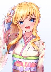 Rule 34 | 1girl, :d, blonde hair, blue eyes, blush, bow, braid, breasts, floral print, furisode, hair bow, hair ornament, hand in own hair, hand up, highres, holding, idolmaster, idolmaster cinderella girls, idolmaster cinderella girls starlight stage, japanese clothes, jewelry, kimono, long hair, long sleeves, looking at viewer, obi, ohtsuki yui, open mouth, pink bow, pink kimono, ponytail, sash, sidelocks, simple background, smile, solo, teeth, tudon (donut), upper body, upper teeth only, wavy hair, wide sleeves, winter, yukata