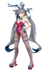 Rule 34 | 1girl, ahoge, animal ears, aqua bow, aqua bowtie, blue hair, bow, bowtie, breasts, covered navel, detached collar, fake animal ears, fishnet pantyhose, fishnets, grey eyes, grey hair, grey pantyhose, hair between eyes, headgear, highleg, highleg leotard, highres, kantai collection, kiyoshimo (kancolle), leotard, long hair, low twintails, moke ro, multicolored hair, pantyhose, playboy bunny, purple footwear, purple leotard, rabbit ears, revision, rigging, rudder footwear, simple background, small breasts, smile, strapless, strapless leotard, thighband pantyhose, twintails, uchuu senkan yamato, uchuu senkan yamato 2199, very long hair, white background, wrist cuffs