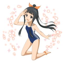 Rule 34 | 1girl, :d, anklet, barefoot, black eyes, black hair, blue one-piece swimsuit, blunt bangs, bow, breasts, collarbone, competition school swimsuit, floating hair, full body, hair bow, high ponytail, highres, jewelry, kneeling, long hair, official art, one-piece swimsuit, open mouth, orange bow, outstretched arm, plaid, plaid bow, school swimsuit, small breasts, smile, solo, sparkle, swimsuit, sword art online, transparent background, very long hair, yui (sao)