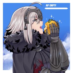 Rule 34 | 1girl, ahoge, akio (akio1124), apple, black cape, cape, chain, cloud, commentary request, fate/grand order, fate (series), food, from side, fruit, fur-trimmed cape, fur trim, gameplay mechanics, headpiece, holding, holding food, holding fruit, jeanne d&#039;arc alter (fate), open mouth, sky, solo, vambraces, white hair, yellow eyes