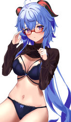 Rule 34 | 1girl, :t, absurdres, bespectacled, blue bra, blue hair, blue panties, bra, breasts, clothes lift, ganyu (china merchants bank) (genshin impact), ganyu (genshin impact), genshin impact, glasses, highres, lifted by self, long hair, medium breasts, navel, panties, pout, purple eyes, simple background, solo, stomach, sweater, sweater lift, turtleneck, turtleneck sweater, underwear, uuroncha, very long hair, white background