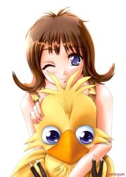 Rule 34 | 00s, 1girl, 2000s (style), bird, blue eyes, blush, brown hair, chocobo, final fantasy, final fantasy viii, one eye closed, retro artstyle, selphie tilmitt, short hair, square enix, white background, wink, yellow overalls
