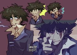 Rule 34 | 1boy, :3, artist name, blood, blood on face, camaicheo, cigarette, closed eyes, cowboy bebop, eating, finger gun, food, happy, highres, male focus, sandwich, scene reference, simple background, smoking, spike spiegel, spiked hair, variations