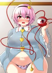 Rule 34 | 1girl, belly, black hairband, blue shirt, blush, breasts, buttons, commentary request, cowboy shot, eyeball, fat, frilled shirt collar, frilled sleeves, frills, grey background, hair between eyes, hair ornament, hairband, heart, heart button, heart hair ornament, holding, komeiji satori, large breasts, long sleeves, looking at viewer, medium hair, navel, nerizou, no pants, open mouth, panties, pink hair, purple panties, red eyes, shirt, sleeves past fingers, sleeves past wrists, solo, thick thighs, thighs, touhou, underwear, v-shaped eyebrows, wide sleeves