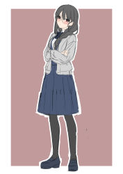 Rule 34 | 1girl, absurdres, black pantyhose, blue bow, blue bowtie, blue footwear, blue skirt, blue vest, blush, border, bow, bowtie, braid, brown background, closed mouth, copyright request, crossed arms, full body, grey hair, grey jacket, hair over shoulder, head tilt, high heels, highres, jacket, long sleeves, looking at viewer, outline, pantyhose, pleated skirt, red eyes, rimless eyewear, round eyewear, sekina, simple background, single braid, sketch, skirt, solo, standing, vest, white border, white outline