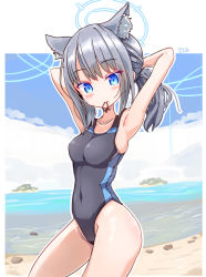 Rule 34 | 1girl, animal ear fluff, animal ears, arms behind head, beach, black one-piece swimsuit, blue archive, blue eyes, blue sky, breasts, cloud, commentary request, competition swimsuit, contrapposto, covered navel, cross hair ornament, day, extra ears, grey hair, hair ornament, halo, horizon, looking at viewer, low ponytail, maiku, medium breasts, medium hair, mismatched pupils, mouth hold, multicolored clothes, multicolored swimsuit, ocean, one-piece swimsuit, outdoors, rubber band, shiroko (blue archive), shiroko (swimsuit) (blue archive), sky, solo, swimsuit