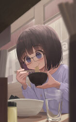 Rule 34 | 1girl, black-framed eyewear, black hair, blue eyes, blue shirt, blurry, blurry foreground, bowl, chopsticks, commentary request, cup, depth of field, drinking glass, eating, food, glasses, highres, holding, holding bowl, holding chopsticks, indoors, long sleeves, looking away, mimikaki (men bow), multicolored hair, noodles, original, puffy long sleeves, puffy sleeves, purple hair, shirt, solo, two-tone hair, water