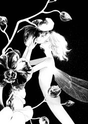 Rule 34 | 1girl, absurdres, black background, branch, bud, closed eyes, completely nude, cowboy shot, drinking, fairy, fairy wings, flat chest, flower, from side, greyscale, highres, holding, holding flower, leaf, light blush, light particles, medium hair, monochrome, nectar, nude, original, pansy, sae sae, simple background, solo, wings