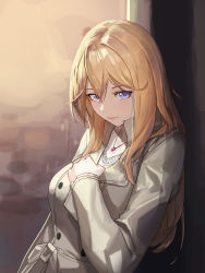 Rule 34 | 1girl, absurdres, against wall, beige coat, blonde hair, blue eyes, buttons, clenched hand, closed mouth, coat, collarbone, eyebrows hidden by hair, eyelashes, facing down, gradient eyes, hair between eyes, hand on own chest, hand up, highres, jewelry, leaning back, light blush, light smile, long coat, long hair, long sleeves, looking at viewer, mac star, multicolored eyes, necklace, original, outdoors, parted hair, pendant, popped collar, purple eyes, purple pupils, sideways glance, solo, standing, upper body