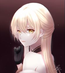 Rule 34 | 1girl, back, bare shoulders, black gloves, blonde hair, closed mouth, fur, girls&#039; frontline, gloves, highres, lips, long hair, looking at viewer, looking to the side, ots-14 (girls&#039; frontline), simple background, solo focus, sui (camellia), yellow eyes
