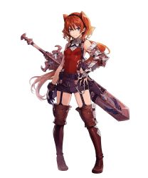 Rule 34 | 10s, 1girl, armor, asymmetrical gloves, boots, bridal gauntlets, brown footwear, brown thighhighs, full body, garter straps, gloves, hairband, huge weapon, long hair, looking at viewer, official art, philia (shingeki no bahamut), ponytail, purple eyes, red hair, sheath, sheathed, shingeki no bahamut, short shorts, shorts, simple background, smile, solo, sword, thigh boots, thighhighs, uneven gloves, weapon, white background