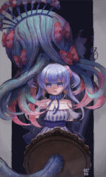 Rule 34 | 1girl, arm at side, artist name, back bow, bare shoulders, black gloves, blue bow, blue dress, blue hair, bow, cendrillon (madoka magica), collared dress, dark, doppel (madoka magica), dress, earrings, elbow gloves, empty eyes, fingerless gloves, frilled sleeves, frills, gera-magia, gloves, hair ornament, hair scrunchie, hand up, highres, jewelry, magia record: mahou shoujo madoka magica gaiden, magical girl, mahou shoujo madoka magica, medium hair, minami rena, off-shoulder dress, off shoulder, open mouth, scrunchie, short sleeves, solo, striped clothes, striped dress, third-party source, triangle earrings, two side up, upper body, vertical-striped clothes, vertical-striped dress