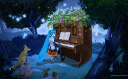 Rule 34 | aqua eyes, aqua hair, bug, rabbit, butterfly, detached sleeves, flower, fox, hatsune miku, headphones, headset, highres, insect, instrument, long hair, looking back, maca, mikumix, mushroom, night, piano, sheet music, sitting, skirt, smile, solo, squirrel, thighhighs, twintails, upright piano, very long hair, vocaloid, wallpaper