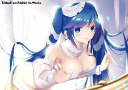Rule 34 | 1girl, 2015, armpits, artist name, bandages, bent over, blonde hair, blue eyes, blue hair, breasts, cleavage, collarbone, gradient background, halloween, halloween costume, kaho okashii, large breasts, league of legends, long hair, matching hair/eyes, multicolored hair, naked bandage, sarashi, simple background, smile, solo, sona (league of legends), twintails, two-tone hair, very long hair