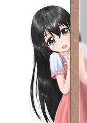 Rule 34 | 1girl, black hair, blurry, blush, bow, brown eyes, child, dress, hair between eyes, highres, long hair, looking at viewer, open mouth, original, parsue, peeking out, pink bow, pink dress, solo