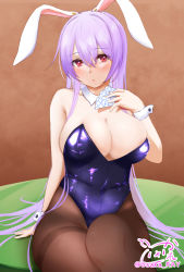 Rule 34 | 1girl, animal ears, breasts, card, cleavage, detached collar, highres, large breasts, leotard, long hair, looking at viewer, on table, pantyhose, playboy bunny, playing card, rabbit ears, red eyes, reisen udongein inaba, revision, sitting, solo, table, touhou, usaka ray, very long hair, wrist cuffs