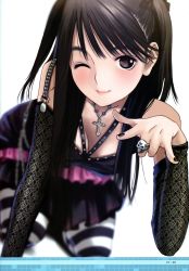 Rule 34 | 1girl, absurdres, black nails, breasts, brown eyes, brown hair, cleavage, cross, elbow gloves, gloves, goth fashion, highres, love plus, mino tarou, nail polish, one eye closed, skull, solo, striped, takane manaka, wink