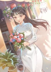 Rule 34 | 1girl, blue flower, bouquet, brown eyes, brown hair, commentary request, day, dutch angle, flower, highres, kitazawa (embers), long hair, long sleeves, open mouth, original, outdoors, pink flower, plant, potted plant, road, solo focus, standing, street, vietnamese dress