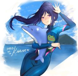 Rule 34 | 1girl, bad id, bad twitter id, blue hair, blue sky, bodysuit, breasts, character name, commentary, cowboy shot, dated, day, diving suit, english commentary, happy birthday, large breasts, long hair, looking at viewer, love live!, love live! sunshine!!, matsuura kanan, outdoors, ponytail, sky, smile, solo, stuffed animal, stuffed dolphin, stuffed toy, terupancake, twitter username, water, wetsuit