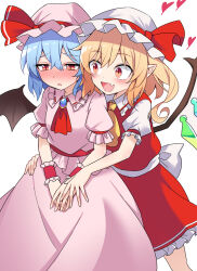 Rule 34 | 2girls, bat wings, blonde hair, blue hair, blush, brooch, dress, e.o., flandre scarlet, frilled skirt, frills, hat, highres, jewelry, mob cap, multiple girls, pink dress, puffy short sleeves, puffy sleeves, red eyes, red skirt, red vest, remilia scarlet, short sleeves, shy, skirt, touhou, vest, white background, wings, yuri
