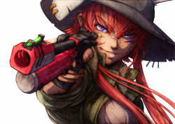 Rule 34 | 1girl, animal ears, bad id, bad pixiv id, bandaid, bandaid on face, borrowed character, extra eyes, gun, handgun, hat, imizu (nitro unknown), jacket, long hair, looking at viewer, md5 mismatch, open clothes, open jacket, original, purple eyes, rabbit ears, red hair, revision, shirt, smirk, solo, upper body, weapon