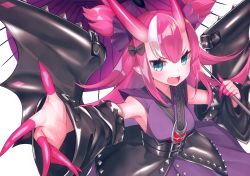 Rule 34 | 1girl, absurdres, bat wings, black sleeves, black wings, blue eyes, blush, breasts, detached sleeves, elizabeth bathory (fate), elizabeth bathory (japan) (fate), fate/extra, fate/extra ccc, fate/grand order, fate (series), finger cots, fingernails, hair between eyes, hair ribbon, highres, horns, huge filesize, japanese clothes, kimono, long hair, long sleeves, looking at viewer, official alternate costume, oni horns, pink hair, pointy ears, profile, purple kimono, purple ribbon, ribbon, scan, sidelocks, simple background, sleeveless, sleeveless kimono, small breasts, solo, suzuho hotaru, very long hair, white background, wings