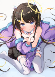 Rule 34 | 1girl, :q, bare shoulders, between legs, black hair, black shirt, black skirt, blue eyes, breasts, closed mouth, crop top, detached collar, equal (heartstrings), from above, hair ornament, hairclip, halo, highres, hiyori lara, indie virtual youtuber, jacket, long hair, long sleeves, looking at viewer, looking up, miniskirt, multicolored hair, no shoes, off shoulder, open clothes, open jacket, pointing, pointing at viewer, purple jacket, shirt, sitting, skirt, sleeveless, sleeveless shirt, small breasts, smile, smug, solo, streaked hair, thighhighs, tongue, tongue out, twintails, two-tone hair, v-shaped eyebrows, very long hair, virtual youtuber, wariza, white thighhighs