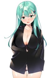 Rule 34 | 1girl, aqua eyes, aqua hair, bikini, bikini under clothes, blush, breasts, byte (allbyte), cleavage, collarbone, hair ornament, highres, jacket, kantai collection, large breasts, long hair, looking at viewer, open mouth, simple background, smile, solo, suzuya (kancolle), swimsuit, white background, white bikini